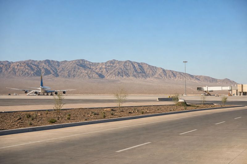 Aircraft at a terminal gate at Harry Reid International Airport with desert mountains beyond