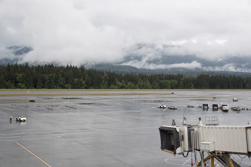 Aircraft at the terminal at Seattle-Tacoma International Airport with Mount Rainier in the distance