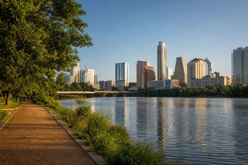 The Austin skyline seen across Lady Bird Lake, with the pedestrian bridge in the foreground