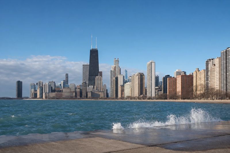 The Chicago skyline seen from the lakefront, with the Loop towers behind Lake Michigan