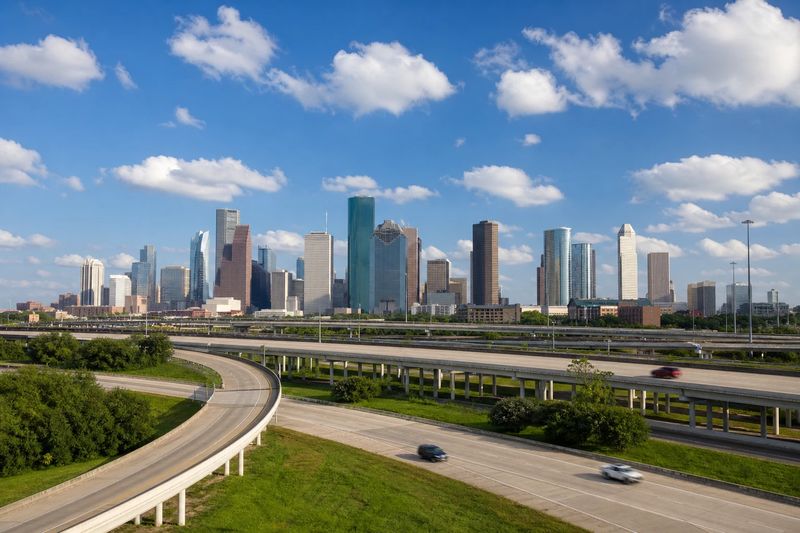 A wide Houston freeway with frontage roads running alongside it and the downtown skyline ahead