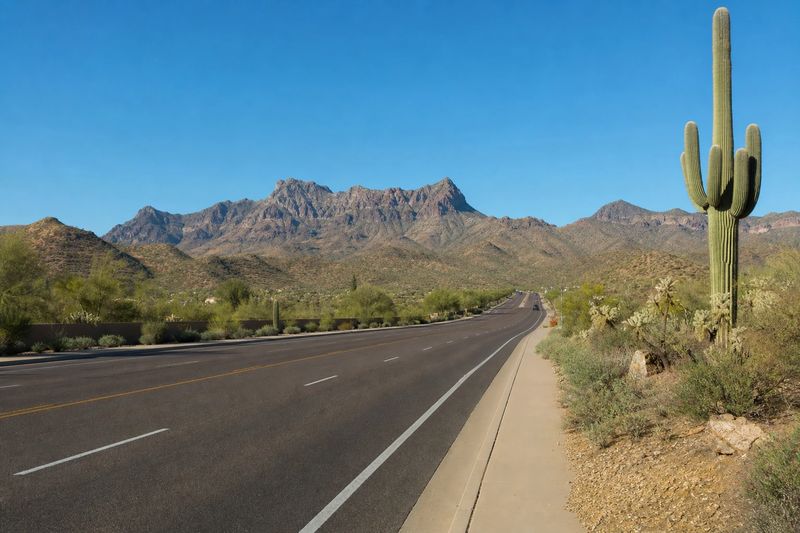 A Phoenix freeway crossing flat desert with the bare ridge of a mountain preserve behind it