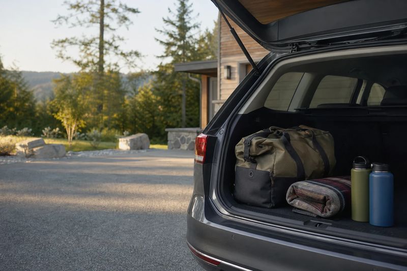 An open trunk packed with bags and a water container beside a car parked on a gravel shoulder