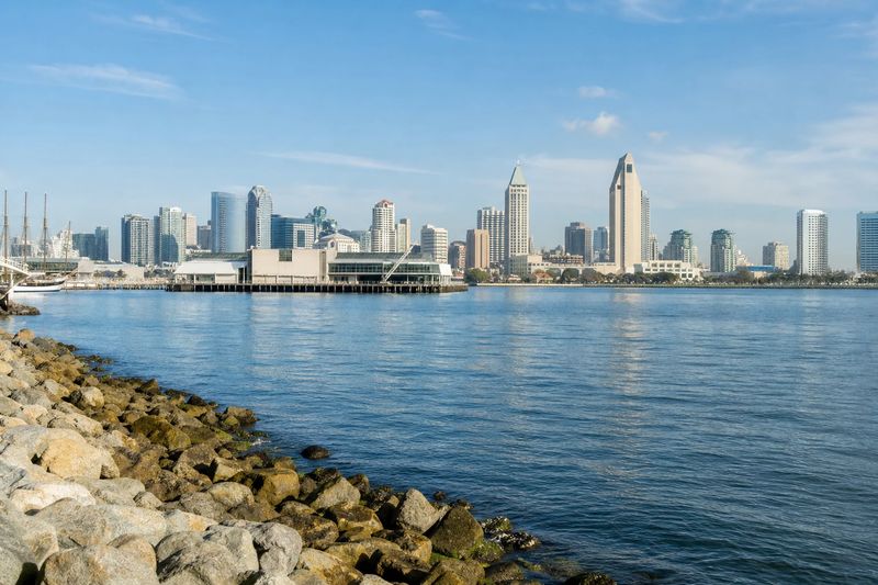 The San Diego waterfront and downtown towers seen across the bay, with the Coronado bridge in the distance